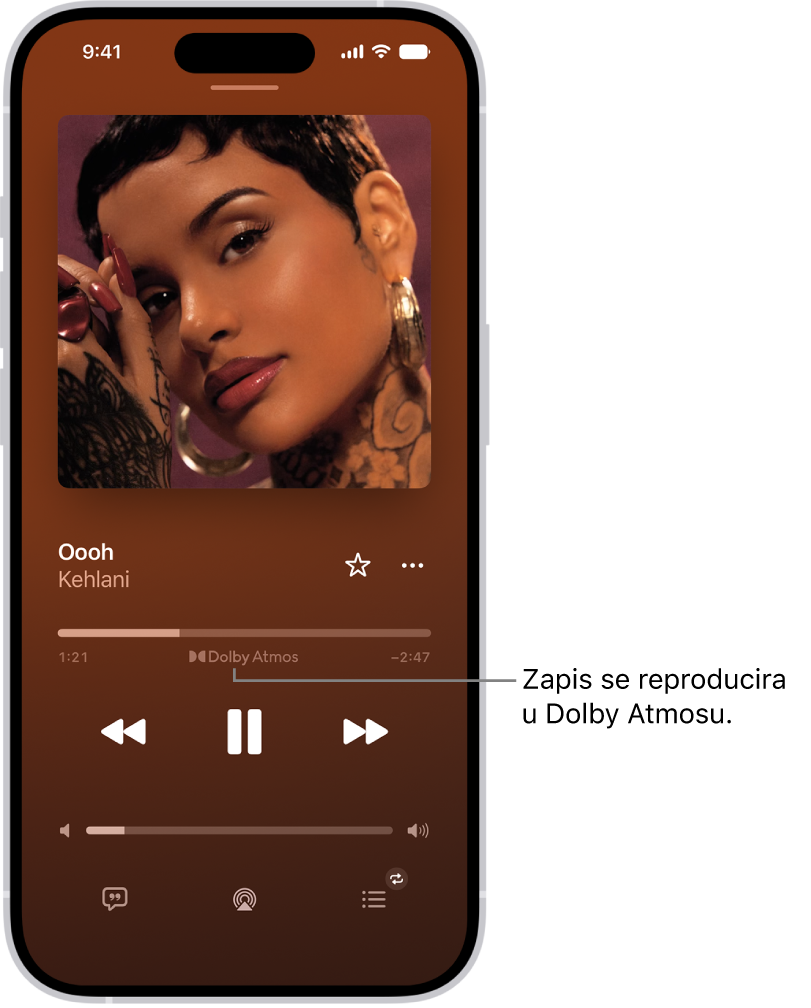 Zaslon Trenutačna reprodukcija prikazuje ikonu Dolby Atmos za zapis koji se reproducira.