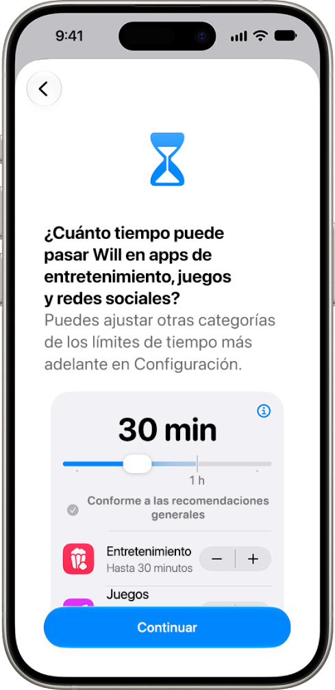 La pantalla de configuración de los controles parentales muestra el tiempo permitido en categorías de apps como Redes Sociales y Entretenimiento.
