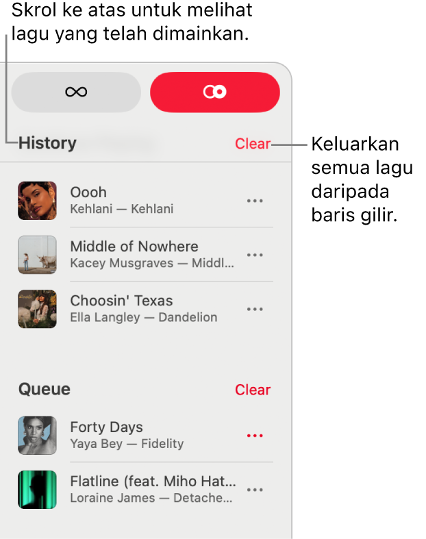 Baris gilir kelihatan di penjuru kanan atas Apple&nbsp;Music. Bahagian Sejarah dan Baris Gilir kelihatan.