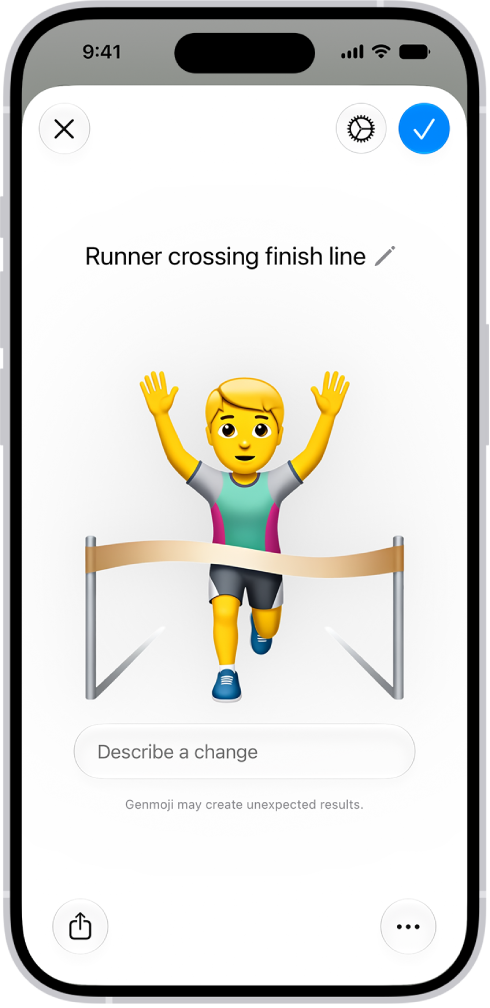 The Genmoji window showing a created Genmoji of a man running across a finish line.