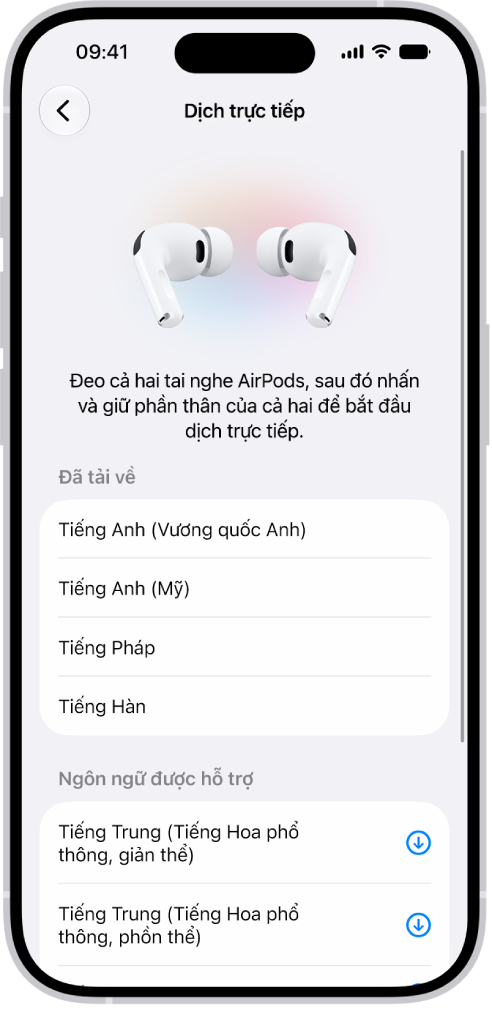 Màn hình Ngôn ngữ trong cài đặt Dịch của AirPods đang hiển thị một danh sách các ngôn ngữ đã tải về và được hỗ trợ.