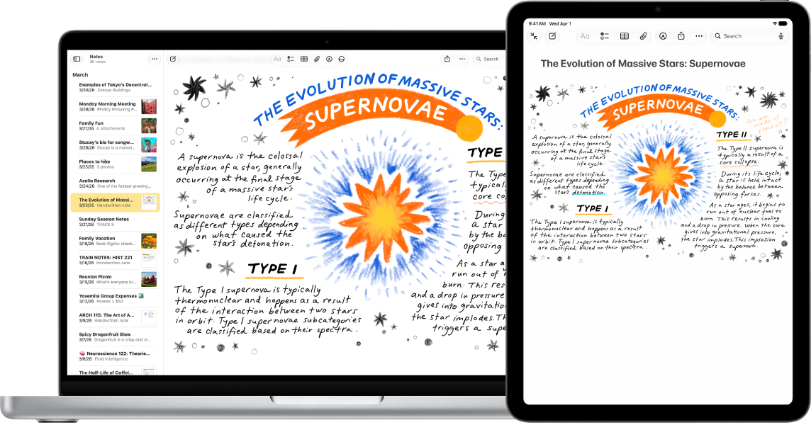 An iPad showing a sketch, next to a Mac where the sketch appears in a note.