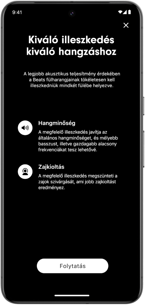 Egy Android-eszköz képernyője, amelyen a Fülharang illeszkedésének tesztelése funkció látható.