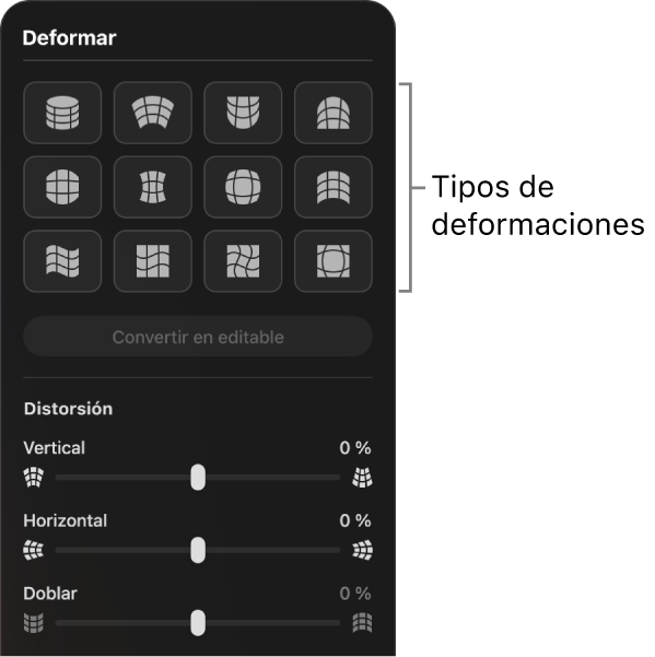 El panel Deformación con los tipos de deformación y los reguladores de control.
