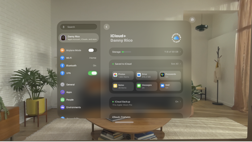 The Settings window on Apple&nbsp;Vision&nbsp;Pro, showing iCloud storage.