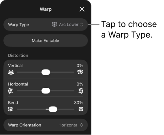 The Warp pane showing warp types and slider controls.