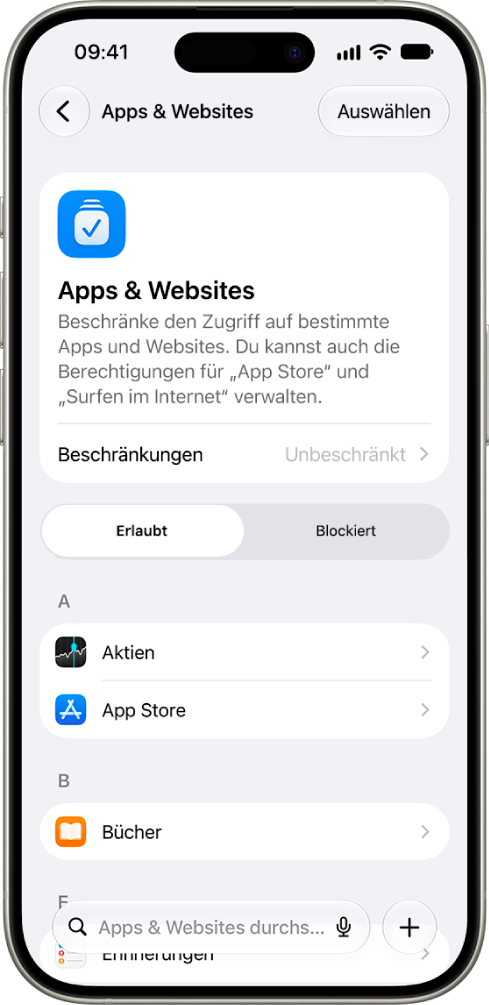 Das Fenster „Apps & Websites“ in „Bildschirmzeit“ mit den erlaubten und blockierten Websites.