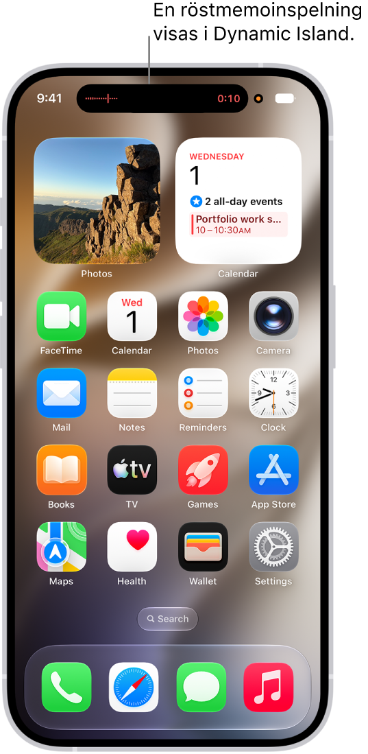 Hemskärmen på iPhone visar en Röstmemon-inspelning i Dynamic Island.