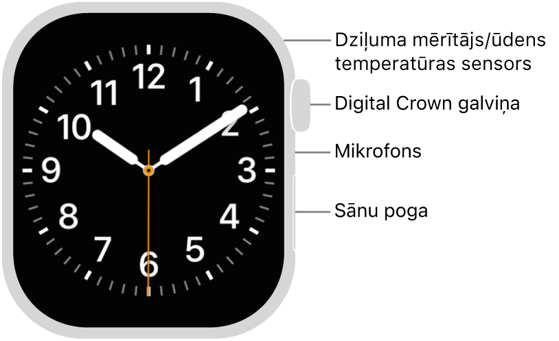 Apple&nbsp;Watch Series&nbsp;12 pulksteņa priekšpuse ar displeju, kurā redzama ciparnīca, un Digital&nbsp;Crown galviņu, mikrofonu un sānu pogu no augšas uz leju pulksteņa sānos.