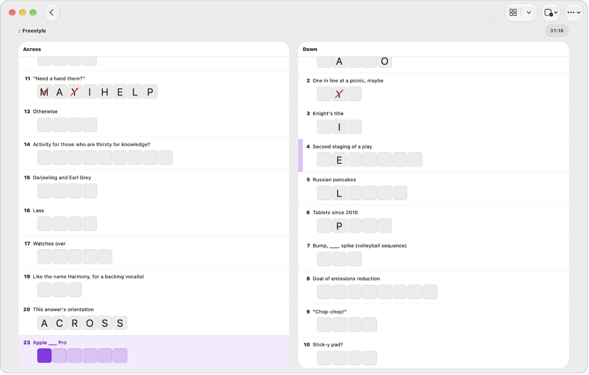 A partially filled crossword puzzle in list view.