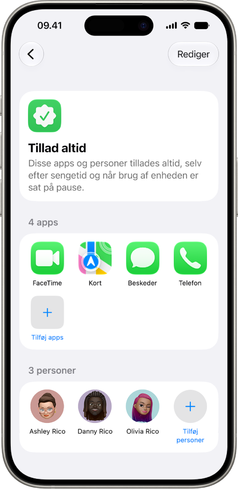 En skærm med Altid tilladt for et barn viser apps og kontakter, der altid er tilladt på barnets enhed.