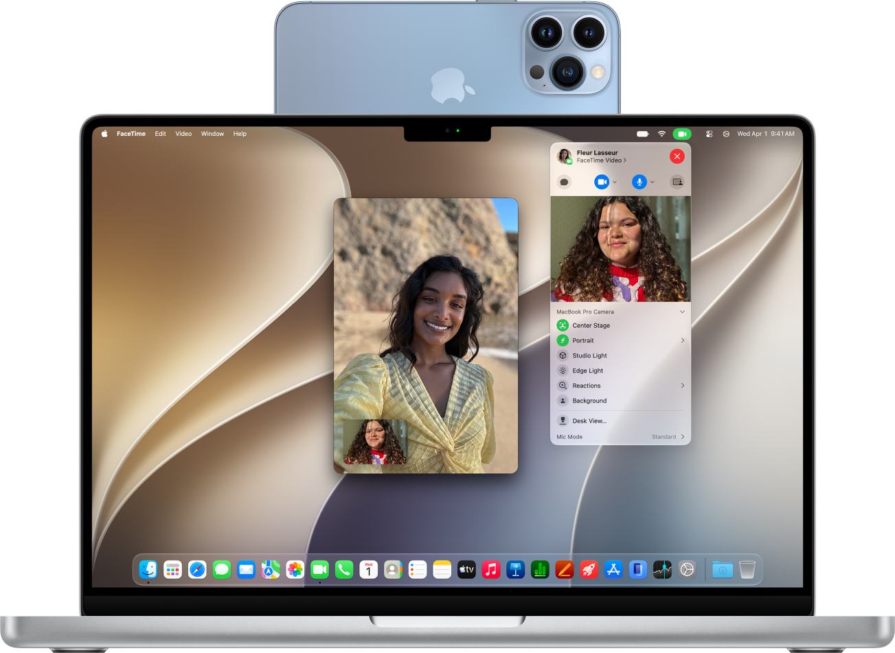 A MacBook Pro using an iPhone as a webcam and showing a FaceTime conversation.