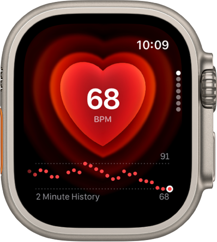 The Heart Rate app showing a heart rate reading. A graph of heart rate data appears at the bottom of the screen.