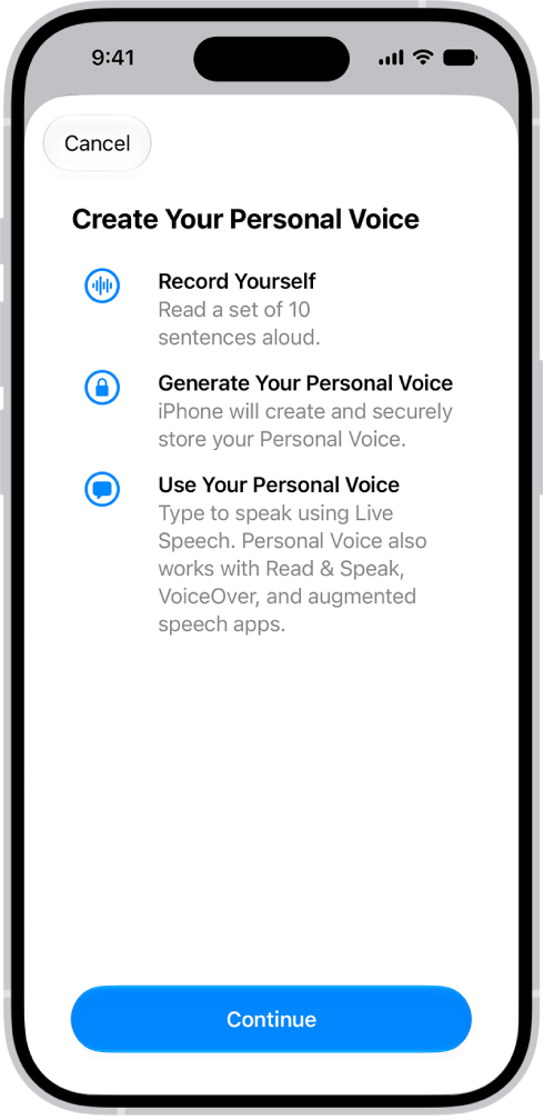 An iPhone with information about how to create a Personal Voice.