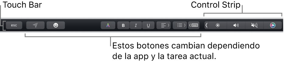Touch&nbsp;Bar en la parte superior del teclado, mostrando la Control Strip contraída a la derecha y botones que varían según la app o tarea.