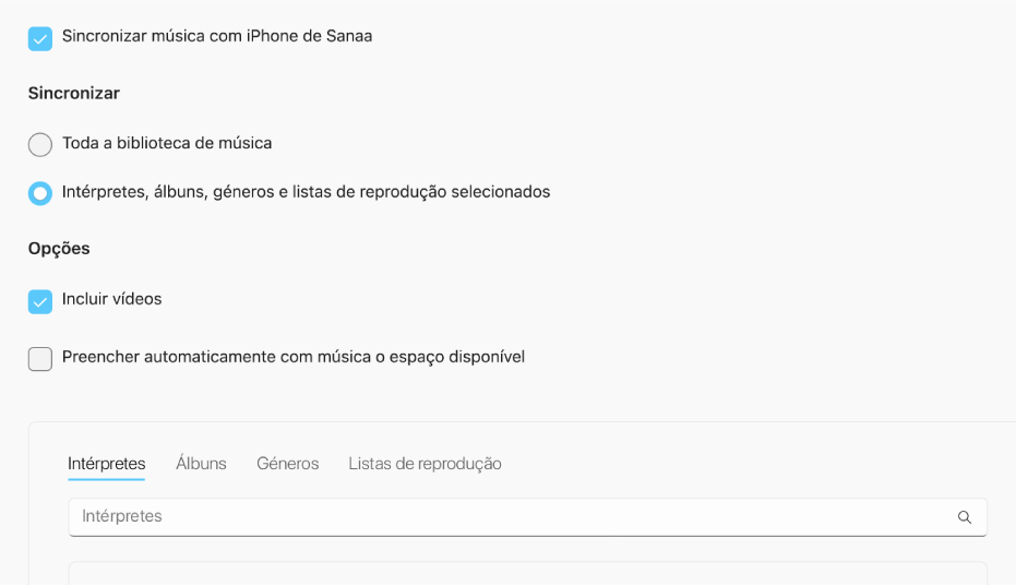 A opção “Sincronizar música para o dispositivo” aparece com opções adicionais para sincronizar a biblioteca inteira ou apenas músicas selecionadas com vídeos e gravações.