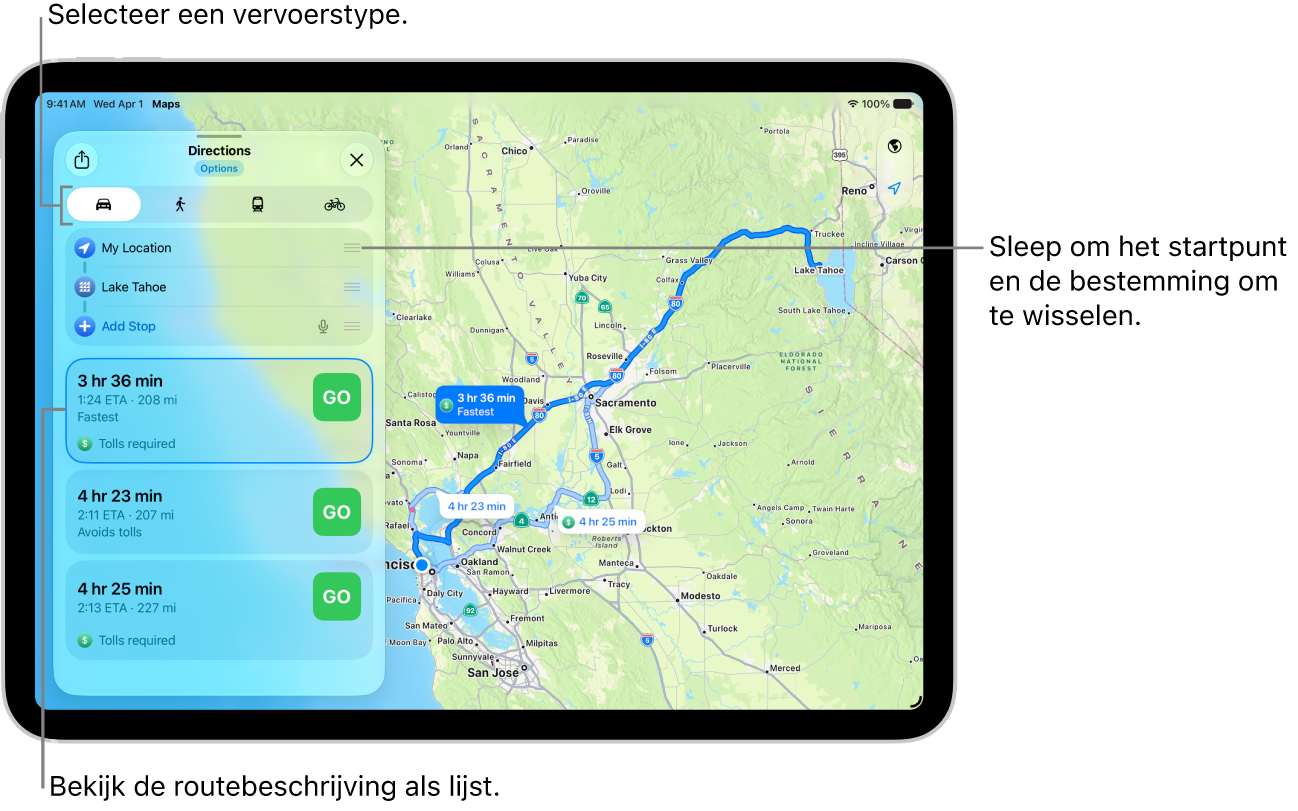 Een kaart met diverse mogelijke routes voor een routebeschrijving tussen 'Mijn locatie' en een bestemming.