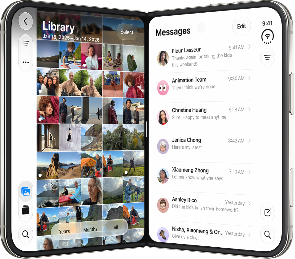 iPhone&nbsp;Duo on taitettu osittain kirjan tavoin, ja Kuvat ja Viestit näkyvät vierekkäin.