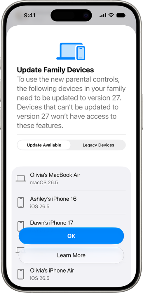 The Update Family Device screen showing devices that need to be updated and legacy devices.