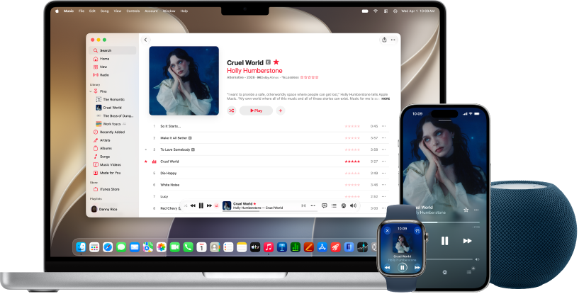 Er wordt een nummer afgespeeld op een Mac, iPhone en Apple&nbsp;Watch, met een HomePod.