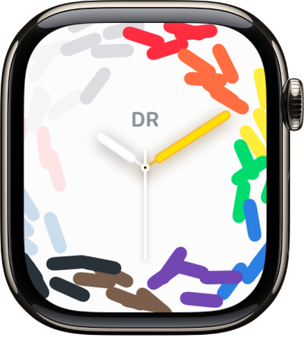 The Pride Celebration watch face showing Pride colors as confetti and the date and time in the center.