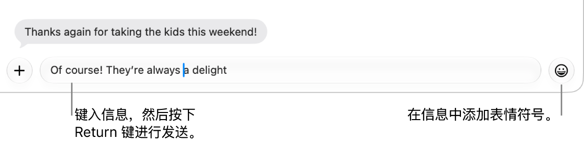 “信息”窗口中的聊天记录，其中信息栏显示在窗口底部。