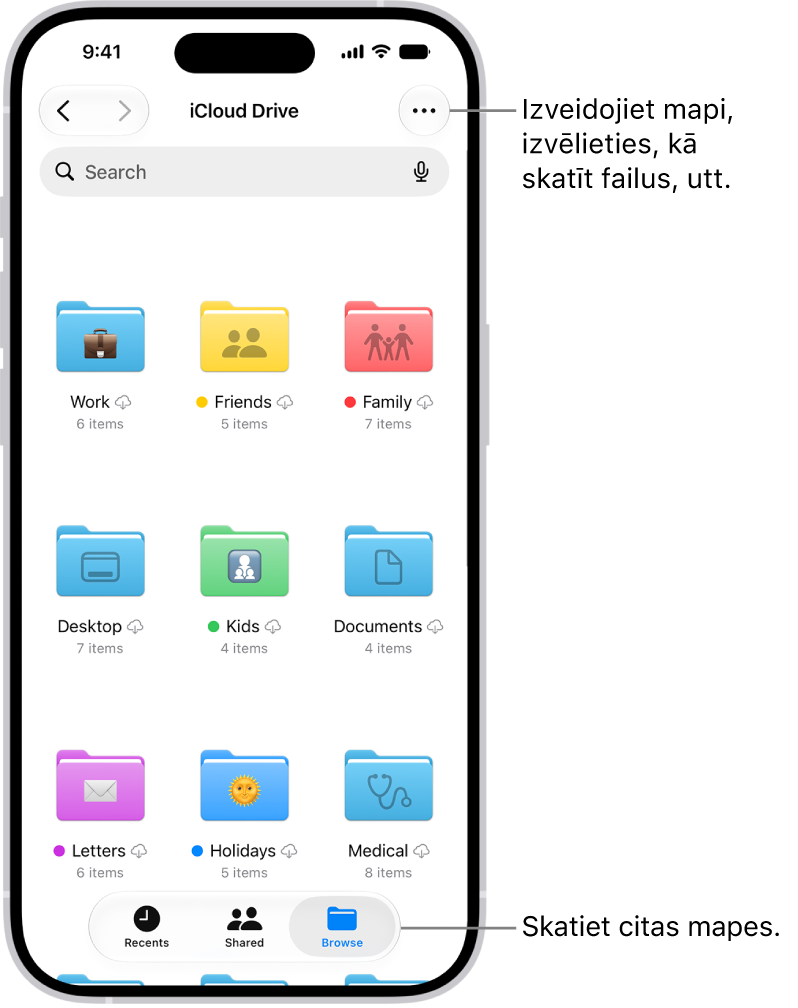 Lietotne Files, lai saglabātu failus un mapes iCloud Drive krātuvē. Izvēlnē More ir redzamas šādas opcijas: vienumu atlasīšana, jaunas mapes izveide, Scan Documents un Connect to Server. Zemāk ir opcijas, lai ekrānā skatītu vienumus kā Icons vai List. Ekrāna apakšā ir kārtošanas opcijas šādiem vienumiem: Name, Kind, Date, Size un Tags, kam seko View Options.