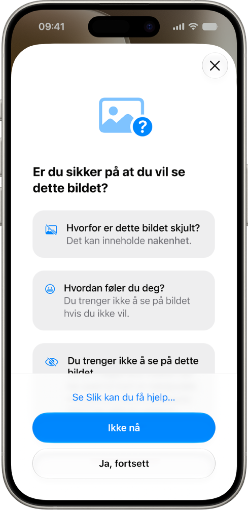 Trygg kommunikasjon-skjermen viser en advarsel om at et bilde kan vise sensitivt innhold, og alternativer for å få hjelp.