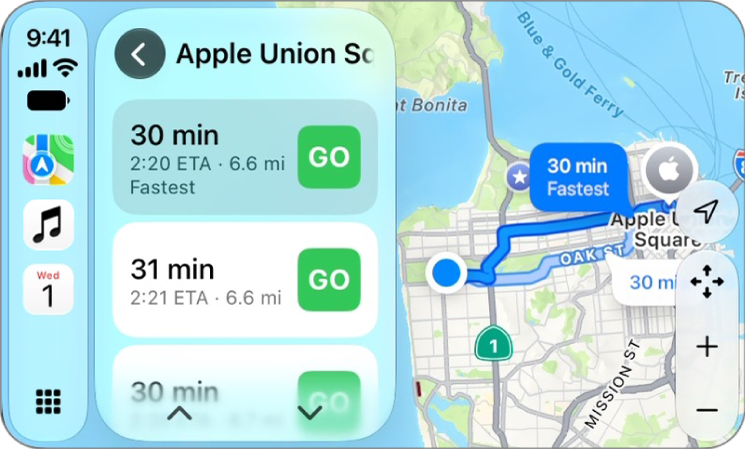 CarPlay affichant Plans, Musique et Calendrier dans la barre latérale. À droite, un plan montre deux itinéraires de navigation différents pour se rendre du point A au point B.