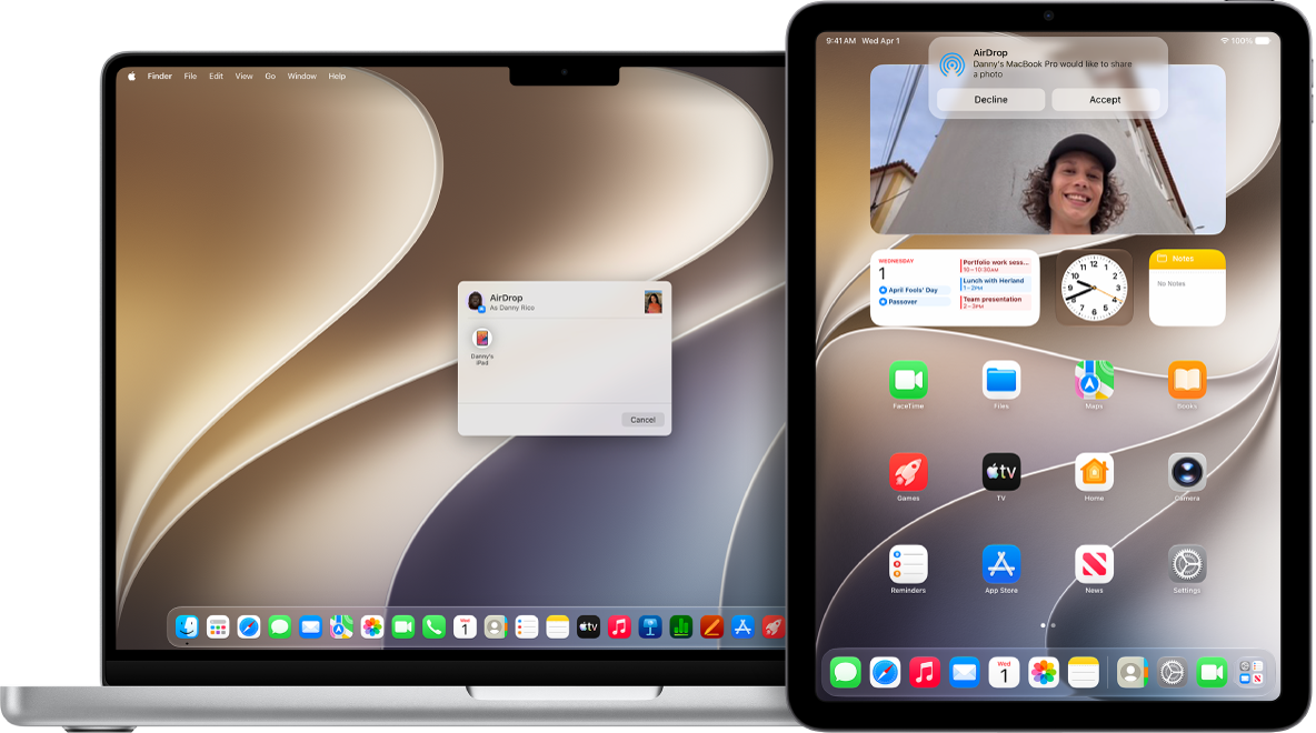 A Mac is next to an iPad. The AirDrop dialog is open on the Mac desktop, ready to share a document with the iPad. iPad iPhone screen has a notification about receiving the document.