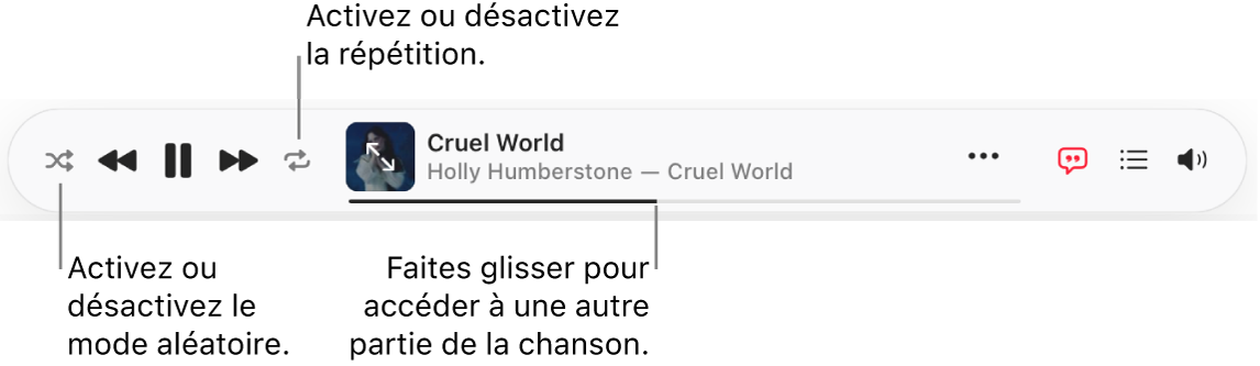 Le haut de la fenêtre d’Apple&nbsp;Music avec une chanson en cours de lecture. Les commandes de lecture sont à l’extrême gauche.