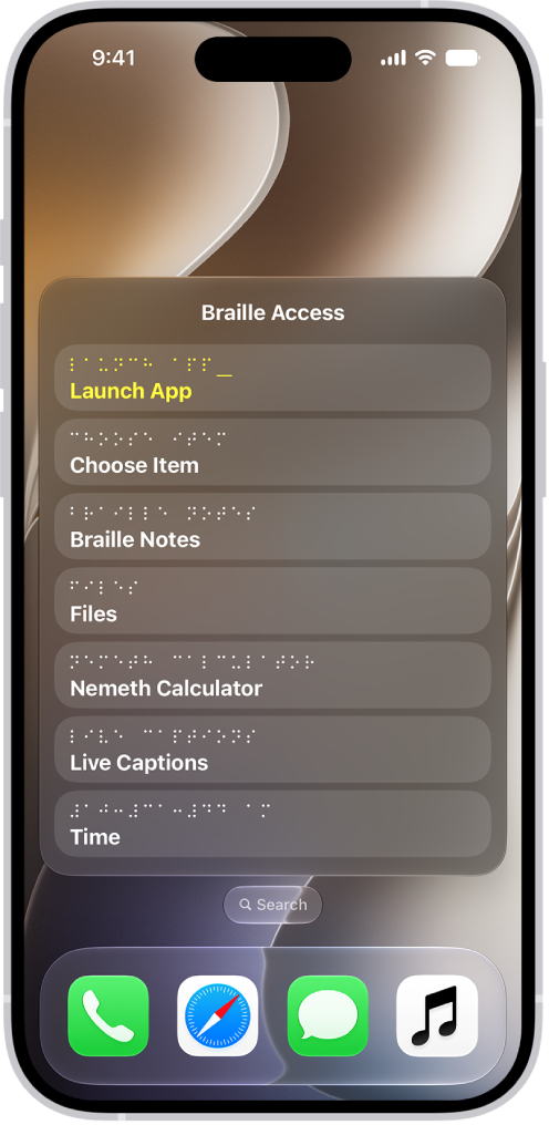 An iPhone with the Braille Access menu open, showing the following options: Launch App, Choose Item, Braille Notes, BRF Files, Nemeth Calculator, Live Captions, and Time.