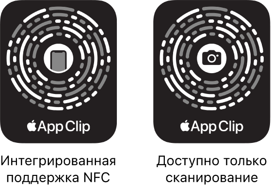 Слева показан код блиц-приложения, встроенный в&nbsp;NFC, со&nbsp;значком iPhone в&nbsp;центре. Слева показан код блиц-приложения, доступный только для сканирования, со&nbsp;значком камеры в&nbsp;центре.