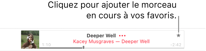 La partie supérieure d’Apple Music avec un morceau en cours de lecture. Cliquez sur le bouton Favoris à droite du titre du morceau pour ajouter le morceau en cours de lecture aux favoris.