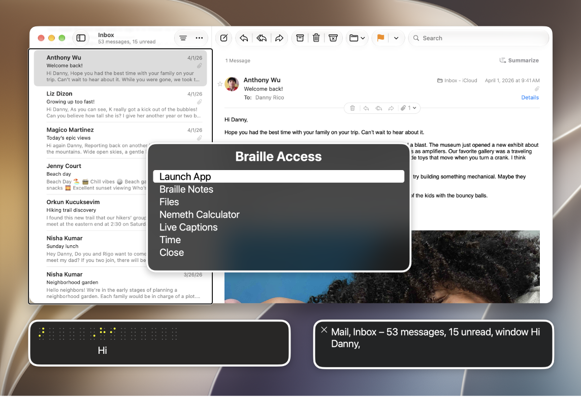 The Email app is open on the desktop. The Braille Access menu and braille panel are showing, hovering over Launch App.
