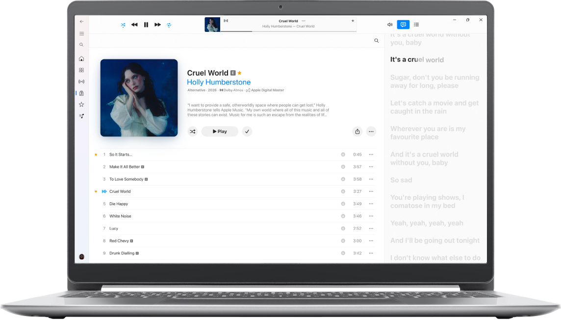 The Apple Music window with an album and song displayed and the MiniPlayer window with a song playing and lyrics shown, which appear onscreen in time with the music.