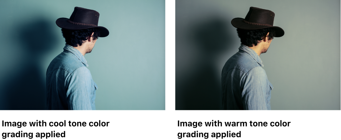 A side-by-side examples of two color grading styles applied to a photo of a person: cool tone versus warm tone.