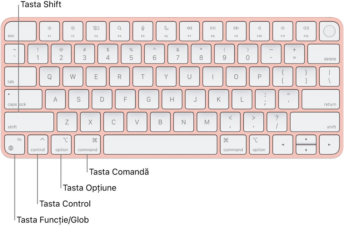 O tastatură Magic Keyboard cu indicații pentru tastele Shift, Control, Opțiune, Comandă și Funcție/Glob.