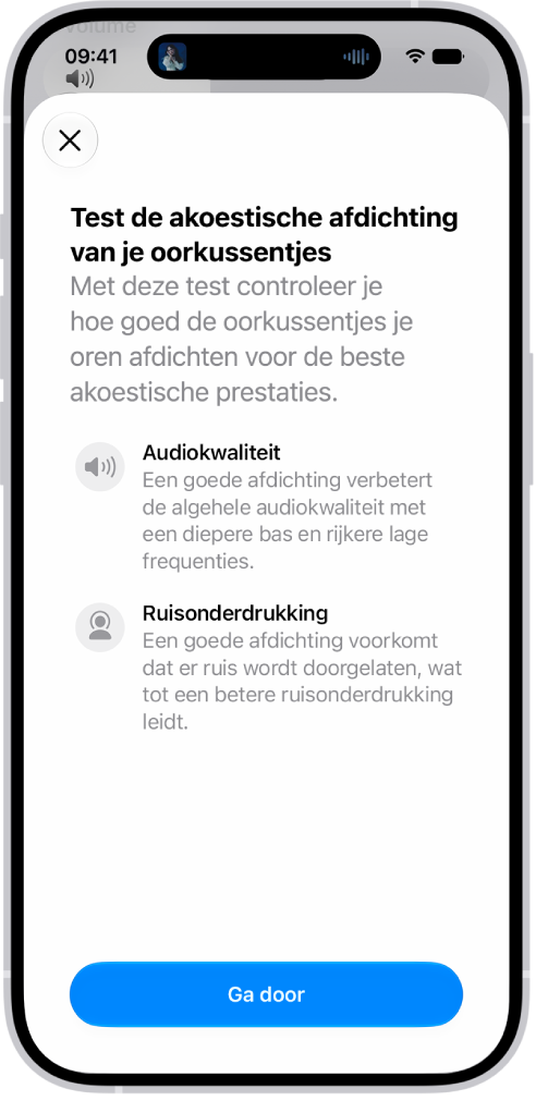 Een iPhone-scherm met daarop een test voor het meten van de akoestische afdichting van je AirPods&nbsp;Pro&nbsp;3.