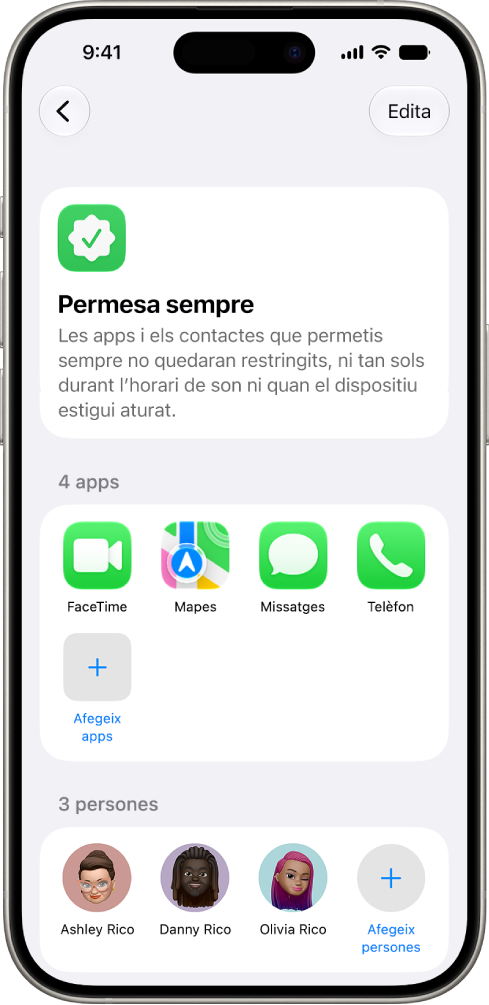 La pantalla “Permet sempre” d’un infant mostra les apps i els contactes que sempre estan permesos al dispositiu.