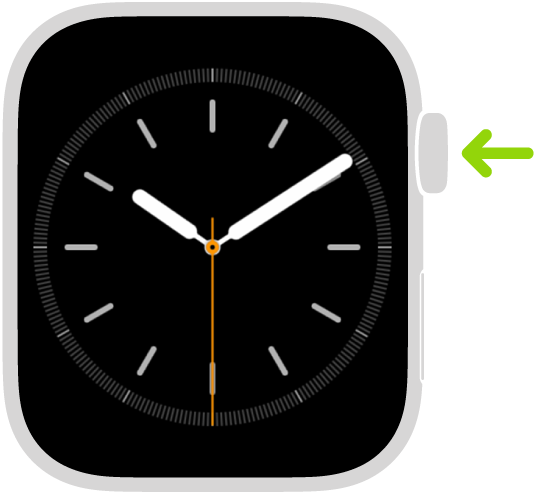 Hình minh họa Apple&nbsp;Watch với mũi tên trỏ đến Digital Crown ở phía trên bên phải.