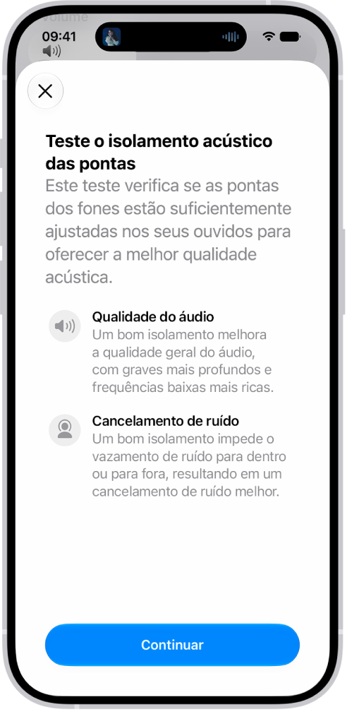 A tela de um iPhone mostrando um teste para medir o isolamento acústico de AirPods Pro 3.