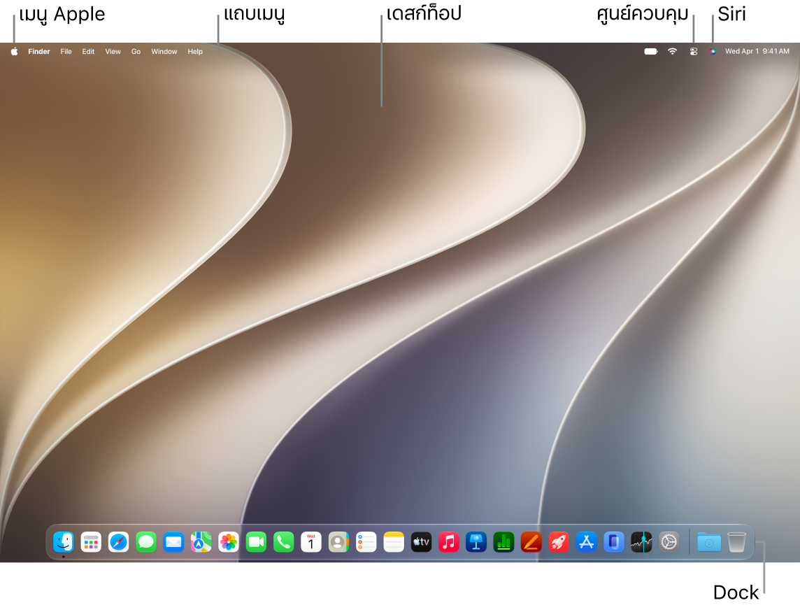 เดสก์ท็อป Mac ที่มีแถบเมนูอยู่ด้านบนสุดของหน้าจอและ Dock อยู่ที่ด้านล่างสุด