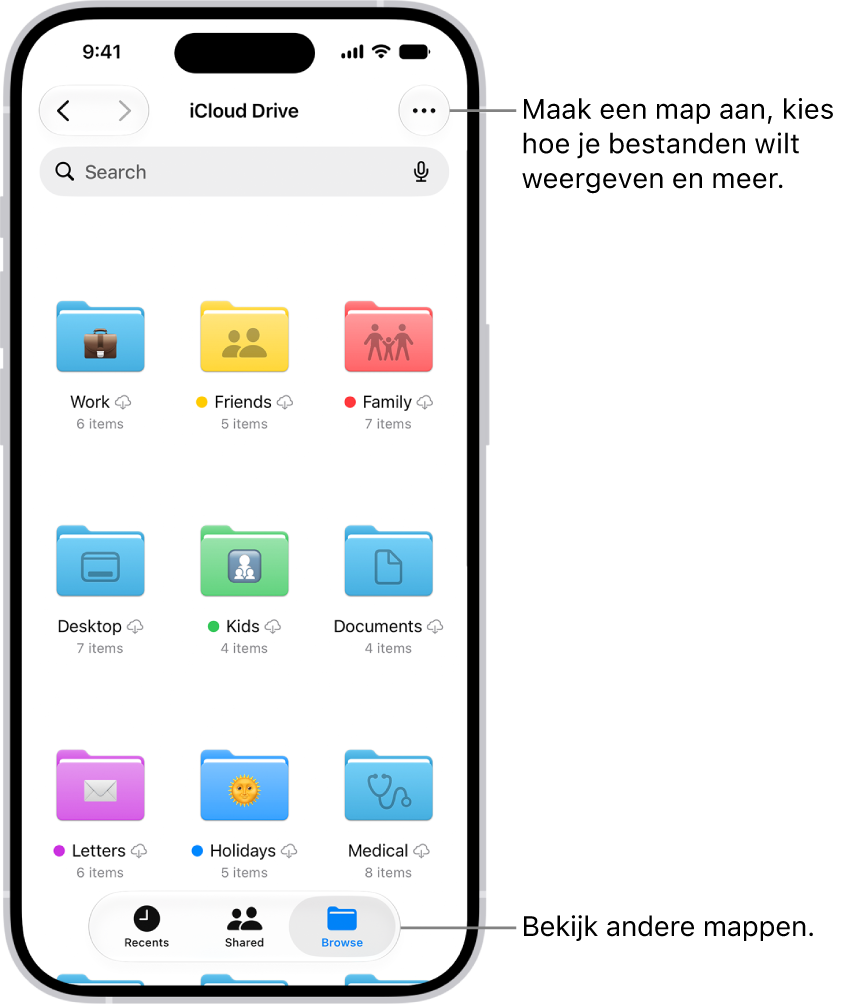De Bestanden-app met de bestanden en mappen op je iCloud Drive. In het menu 'Meer' staan opties voor het selecteren van onderdelen, het aanmaken van een nieuwe map, het scannen van documenten en het maken van verbinding met een server. Daaronder staan opties om onderdelen als symbolen of in een lijst weer te geven. Onderin staan de sorteeropties 'Naam', 'Soort', 'Datum', 'Grootte' en 'Tags', gevolgd door 'Bekijk opties'.