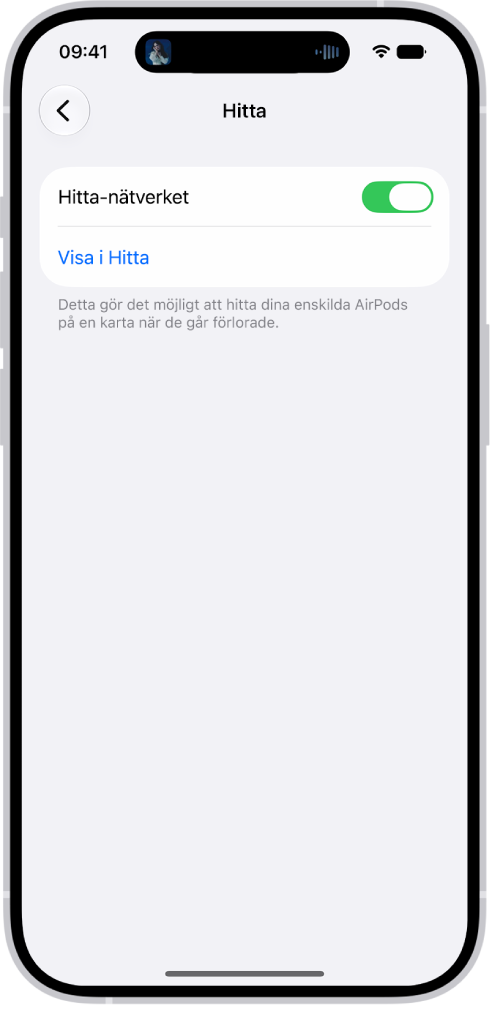 Bluetooth-inställningarna på en iPhone med alternativ för AirPods&nbsp;Pro. Alternativet Hitta-nätverket är aktiverat så att det går att hitta AirPods en och en på en karta om de tappas bort.