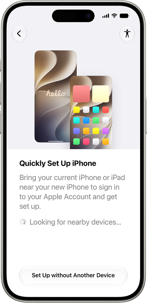 The Quick Start screen on iPhone looking for nearby devices with the option to set up without another device.