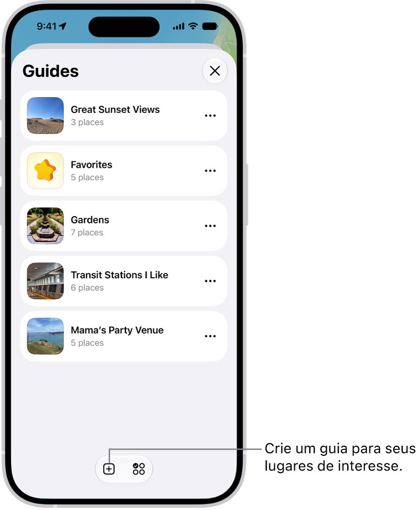 Uma lista de vários guias personalizados no app Mapas, incluindo uma categoria Favoritos e o botão Novo Guia abaixo à direita.