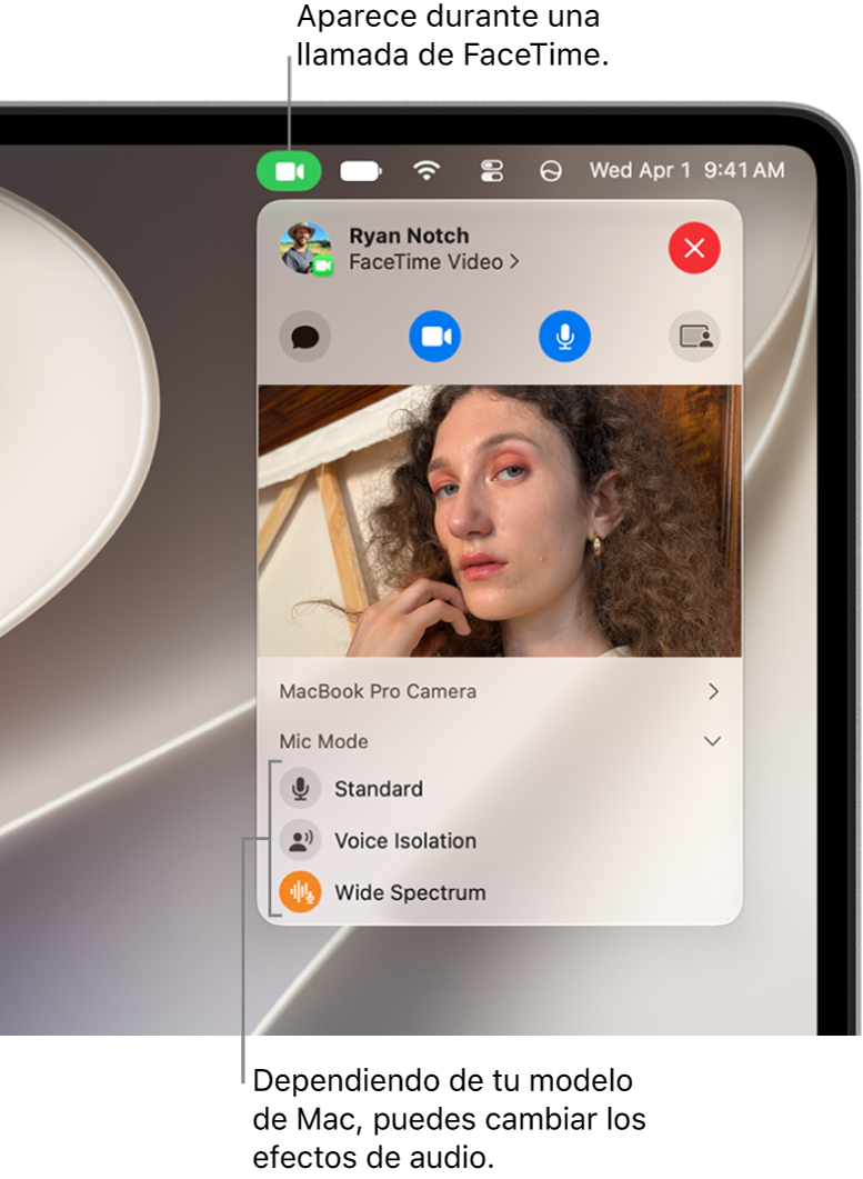 El centro de control, situado en la esquina superior derecha de la pantalla de la Mac, muestra el botón Video (que aparece cuando estás en una llamada de FaceTime) y las opciones del modo de micrófono (que cambian los efectos de audio; varían según tu Mac).