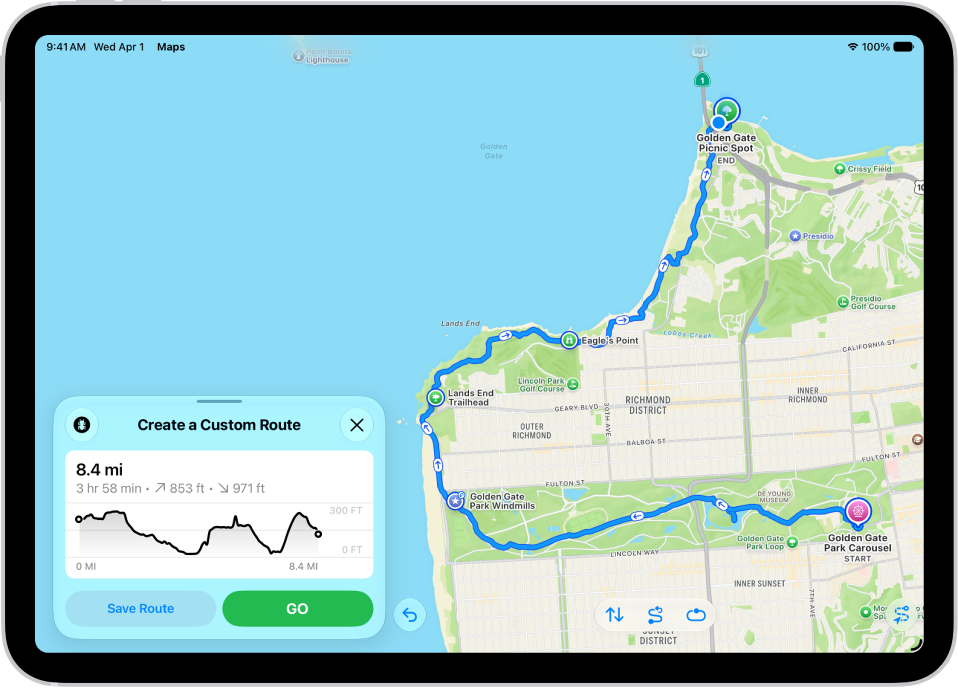 Itinéraire personnalisé dans l’app Plans, avec la distance, le profil de dénivelé, la durée estimée ainsi que des options pour enregistrer le circuit ou afficher l’itinéraire jusqu’au point de départ du sentier.