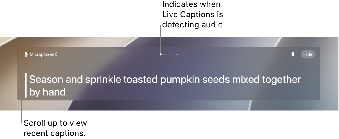 A real-time transcription of the computer’s microphone audio is shown as scrollable text in the Live Captions window.